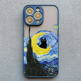 IPhone case featuring a whimsical adaptation of Van Gogh’s ’The Starry Night’ with a black cat sitting in the crescent moon.