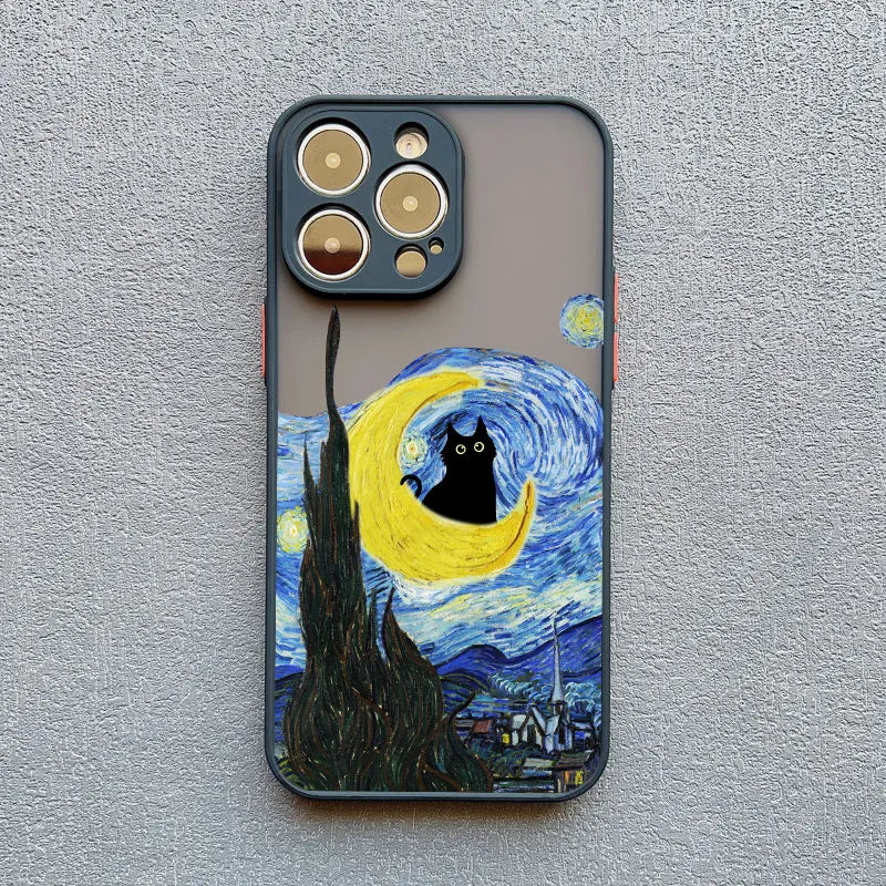 IPhone case featuring a whimsical adaptation of Van Gogh’s ’Starry Night’ with a black cat sitting on the crescent moon.