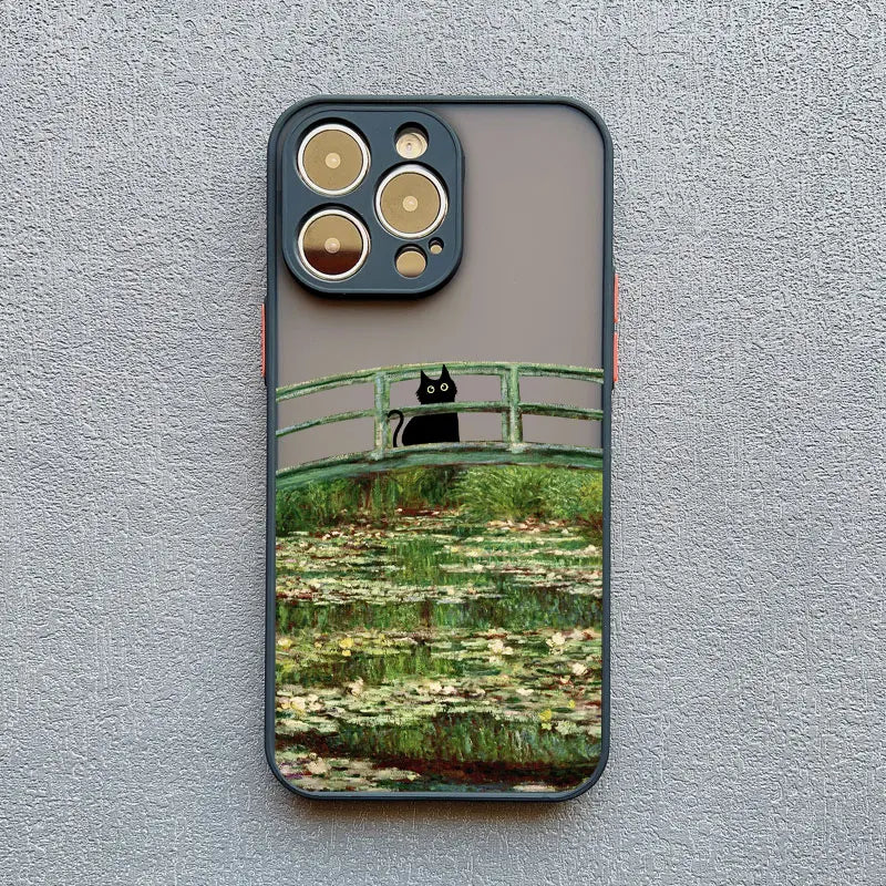 IPhone case featuring a whimsical design of a black cat on a bridge over a lily pond.