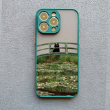 IPhone case featuring a whimsical design of a black cat on a bridge over a lily pond.