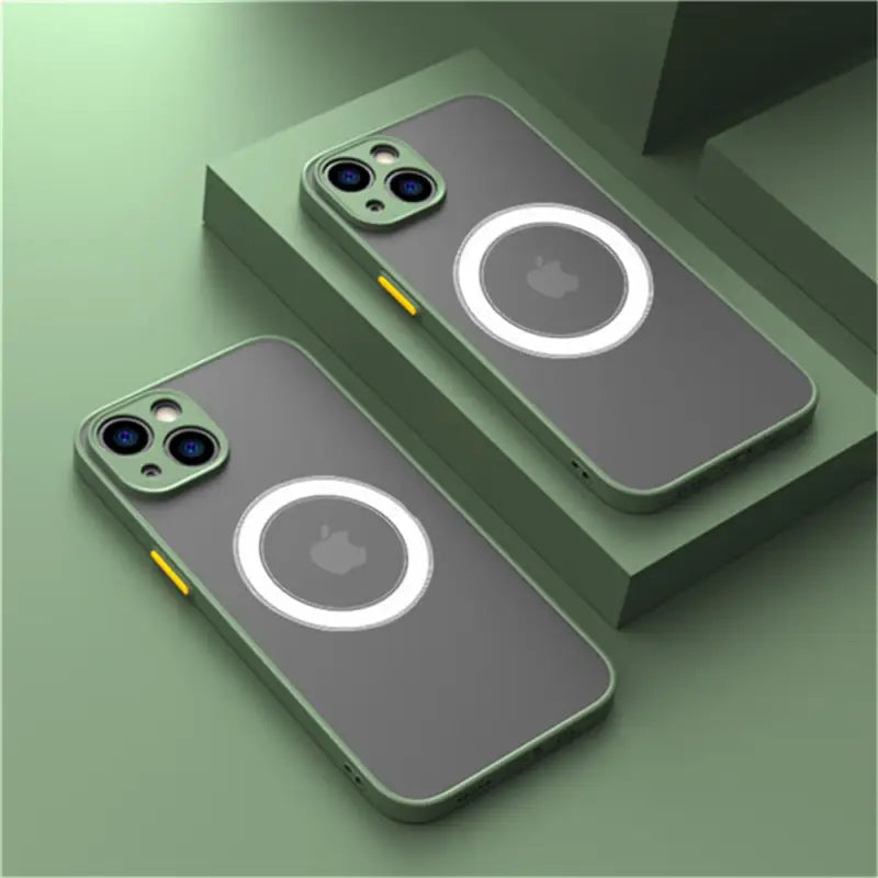 two iphone cases with a camera lens on them