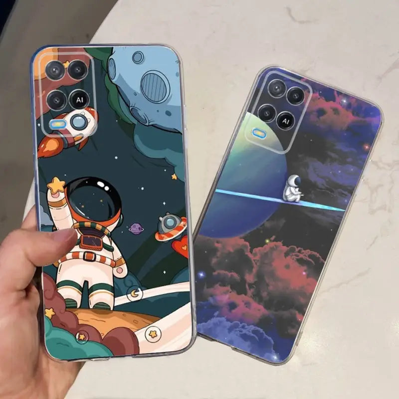 two iphone cases with cartoon characters on them