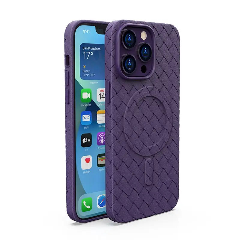 the back of a purple iphone case with a phone holder