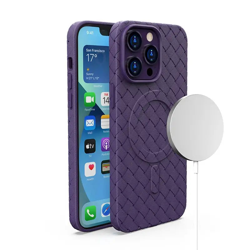 the back of a purple iphone case with a white phone holder