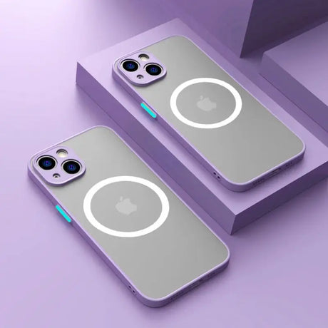 two iphone cases with a white circle on them