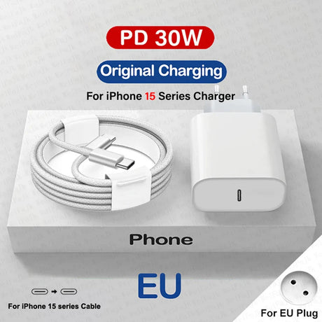 IPhone charger set with EU plug adapter, USB-C cable, and 30W power adapter.