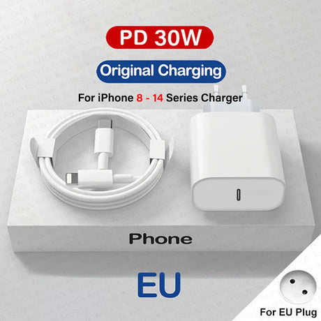 IPhone charger set with a USB-C power adapter and cable for EU plugs.