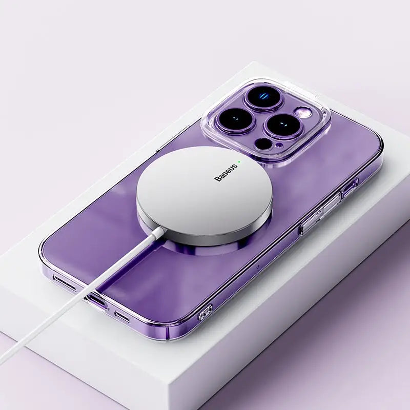 purple iphone case with a charging cable attached to it