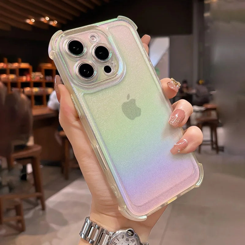 An iPhone in a clear, iridescent, gradient-colored case with reinforced corners.