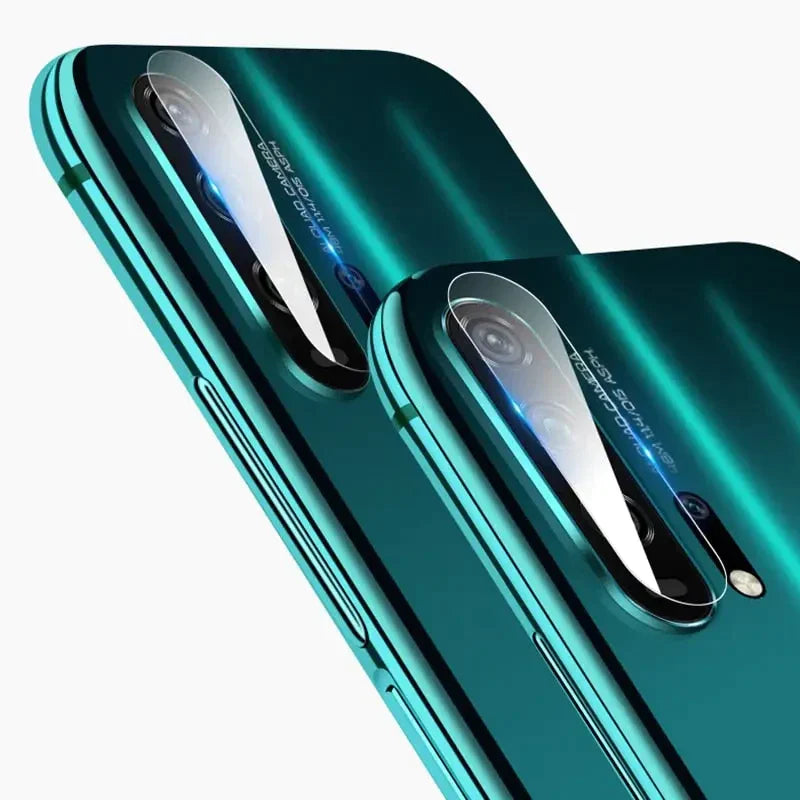 two green iphones with a camera lens on top of them