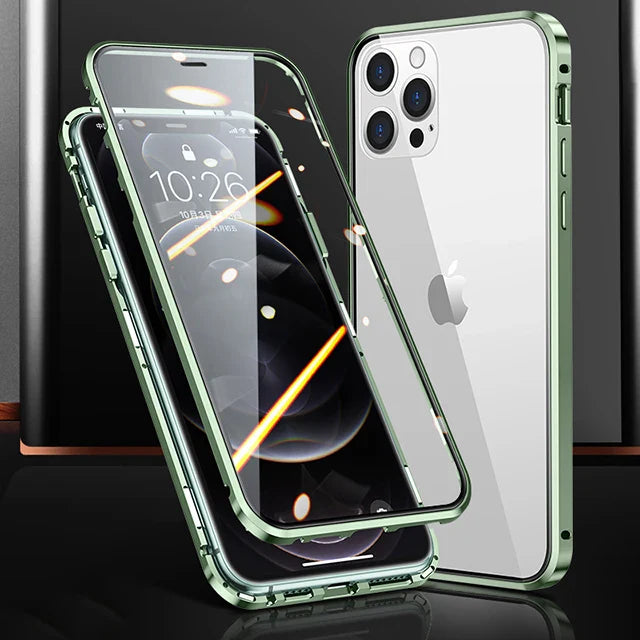 IPhone with a green metallic bumper case and transparent back panel.