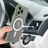 IPhone with a MagSafe-compatible case being magnetically attached to a car vent mount.