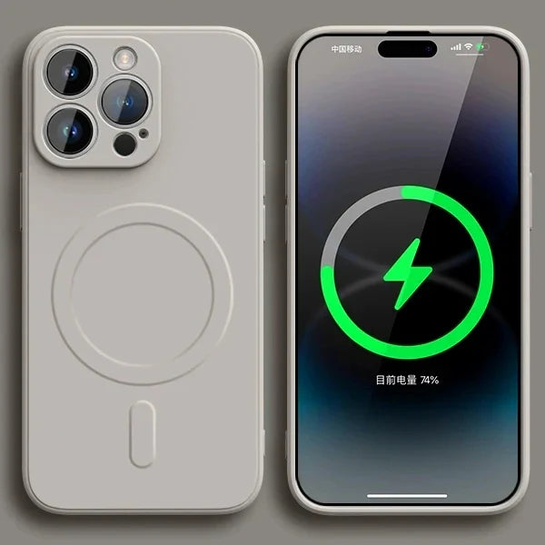 IPhone with MagSafe wireless charging capability, displaying a battery charging indicator on its screen.