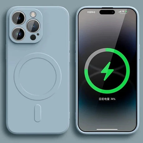 IPhone with MagSafe wireless charging capability, showing the charging indicator on screen.