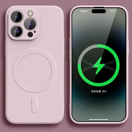 IPhone with MagSafe wireless charging capability, displaying a charging indicator on the screen.