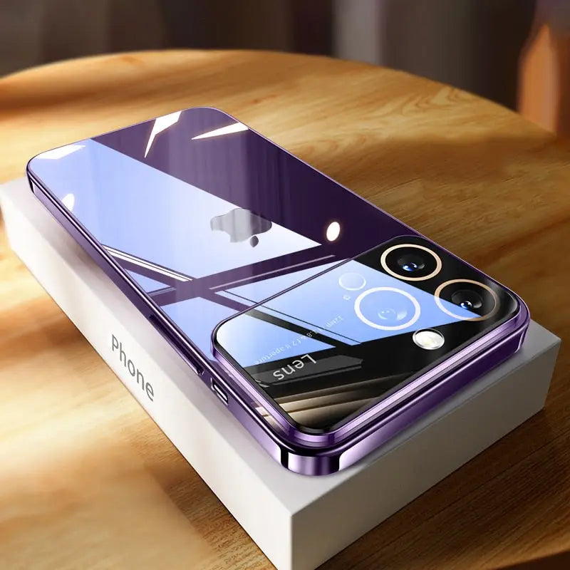 a purple iphone with a white box on top