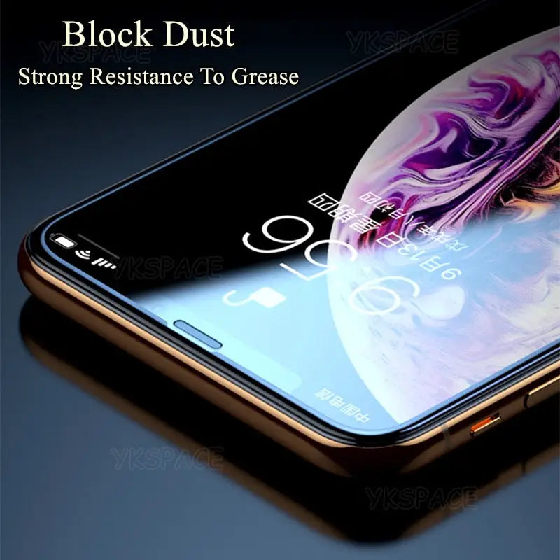 a close up of a phone with the screen showing the glass screen protector