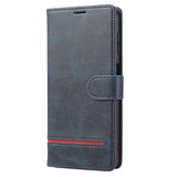 the back of a black leather wallet case with red stitching