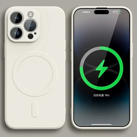 IPhone with a white MagSafe case showing its triple-lens camera system and charging screen.