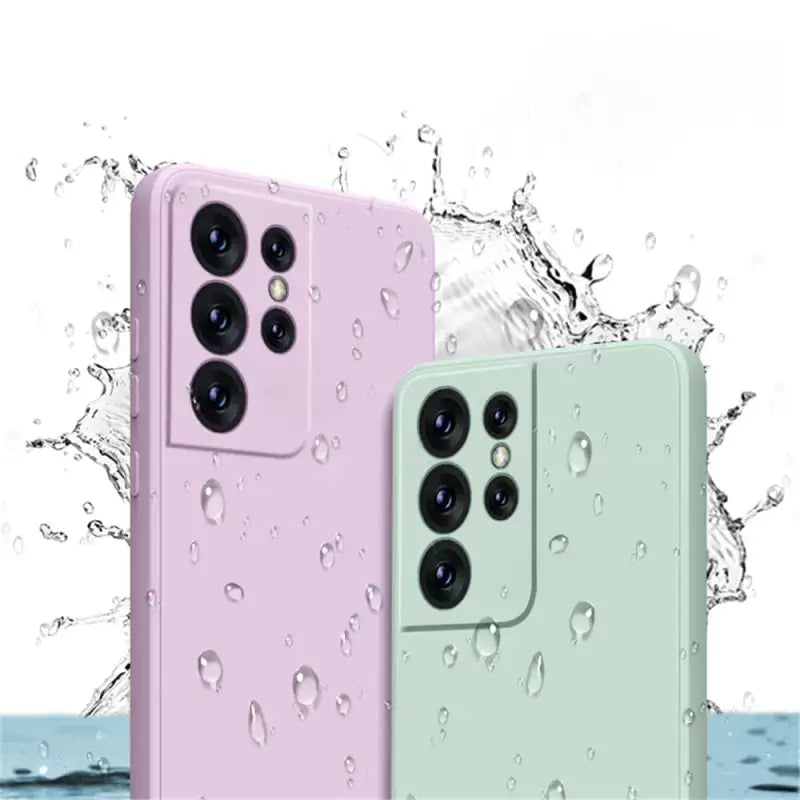two phones with water splashing on them