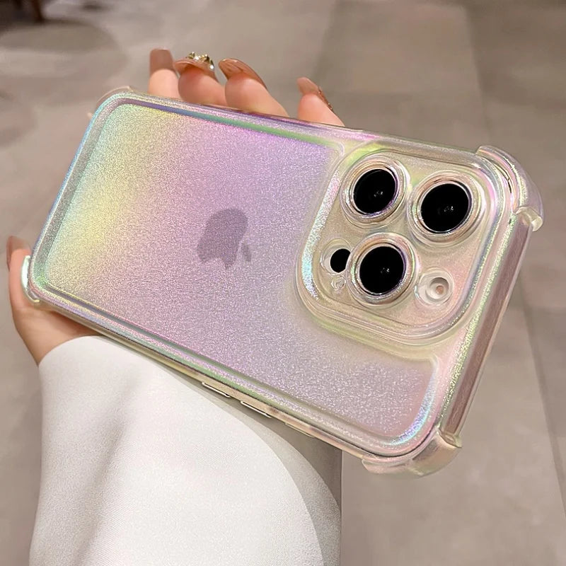 Iridescent glitter clear iPhone case with reinforced corners and camera lens protection.
