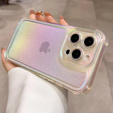 Iridescent glitter clear iPhone case with reinforced corners and camera lens protection.