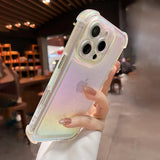 An iridescent, glittery smartphone case with reinforced corners and a clear camera cutout.
