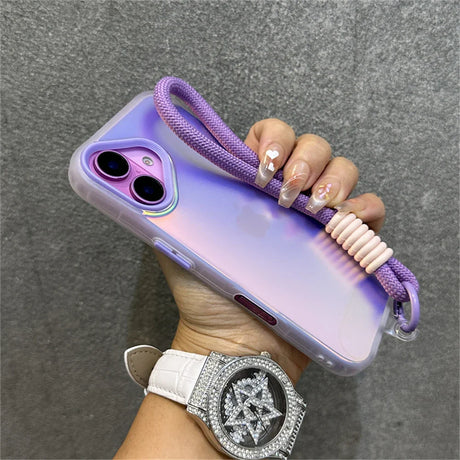 Iridescent phone case with lavender cord.