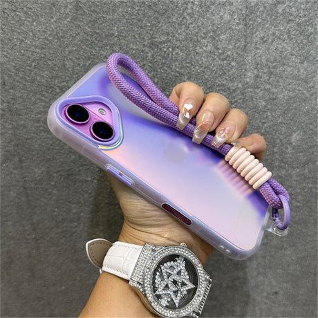 Iridescent phone case with lavender cord.