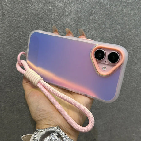 Iridescent phone case with pink wrist strap.