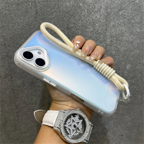 Iridescent phone case with wrist strap.
