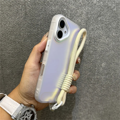 Iridescent phone case with wrist strap.