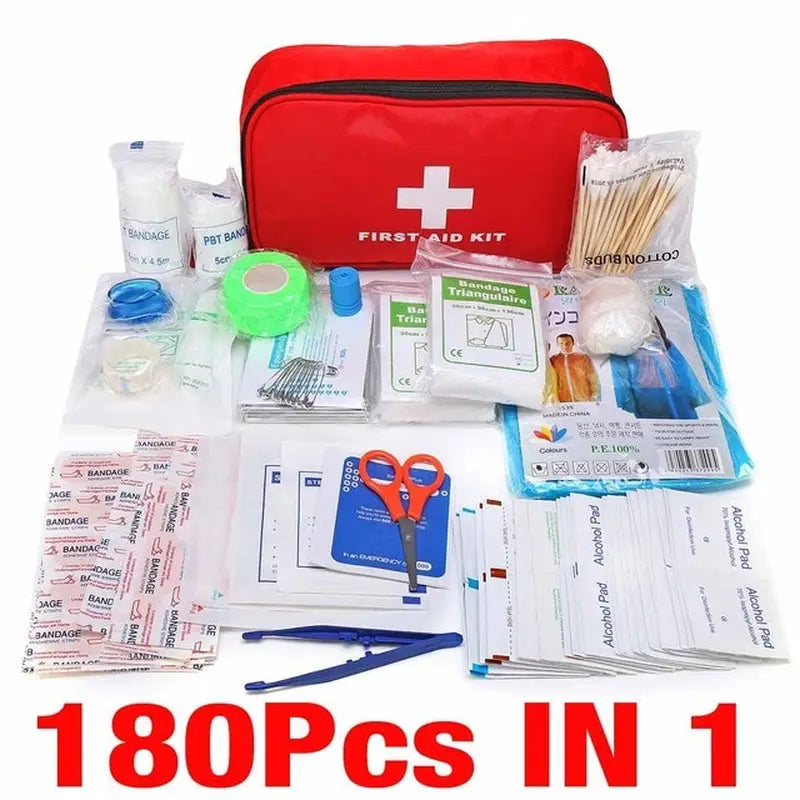 a first aid kit with a red bag