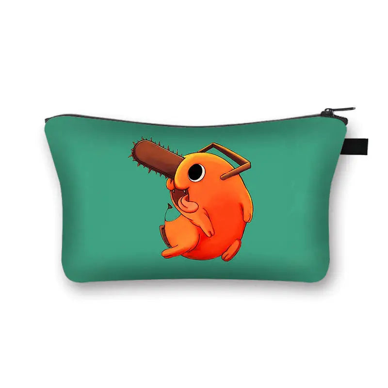 a green and orange pouch bag with a cartoon character