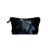 a black and blue makeup bag with a drawing of a jelly