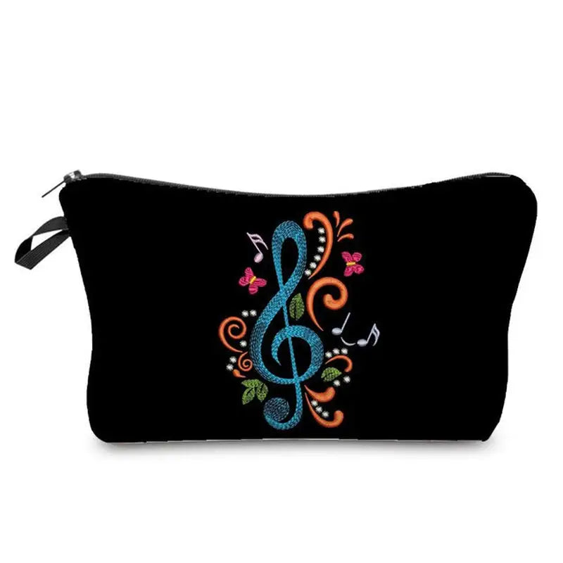 a black cosmetic bag with a colorful floral design