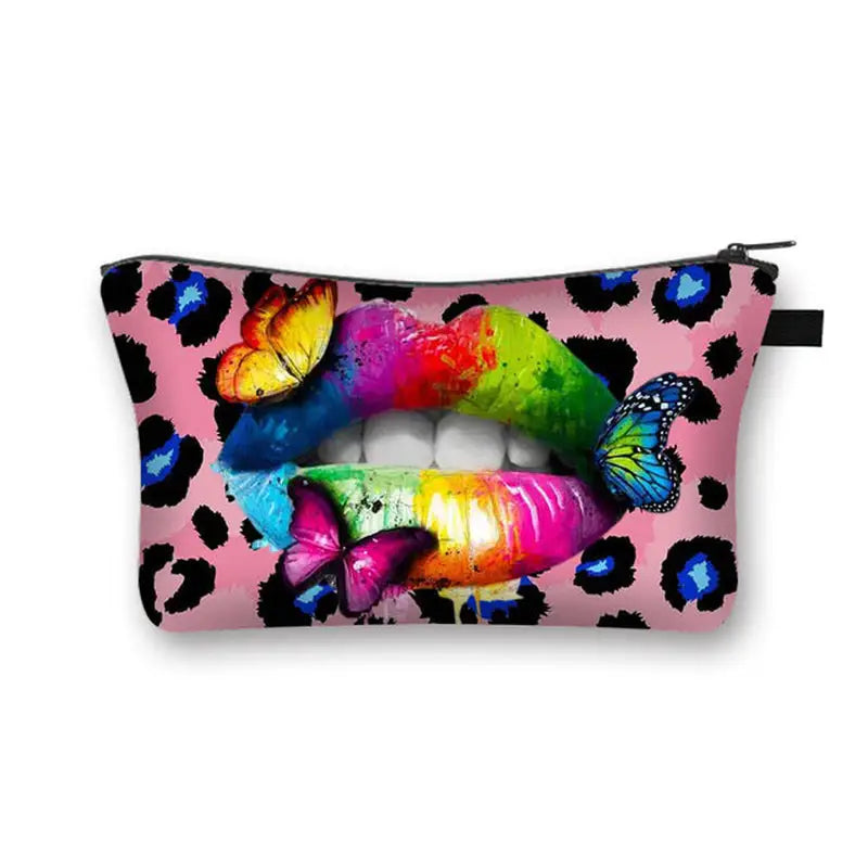 a colorful makeup bag with a colorful lip and butterflies