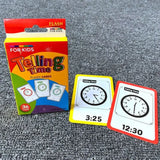 a box of telling cards with a clock