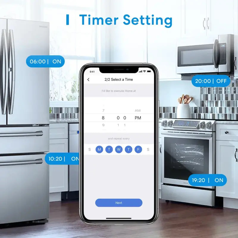 a kitchen with a phone showing the app