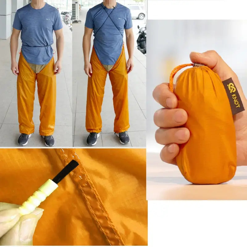 a man holding a small orange bag in his hand