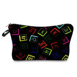 a black cosmetic bag with colorful letters on it