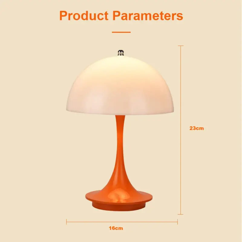 the lamp is orange and has a white shade