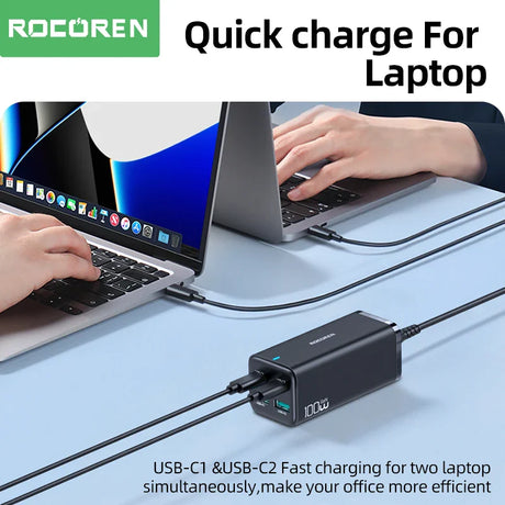 Laptop charger with dual USB-C ports for fast charging multiple devices simultaneously.