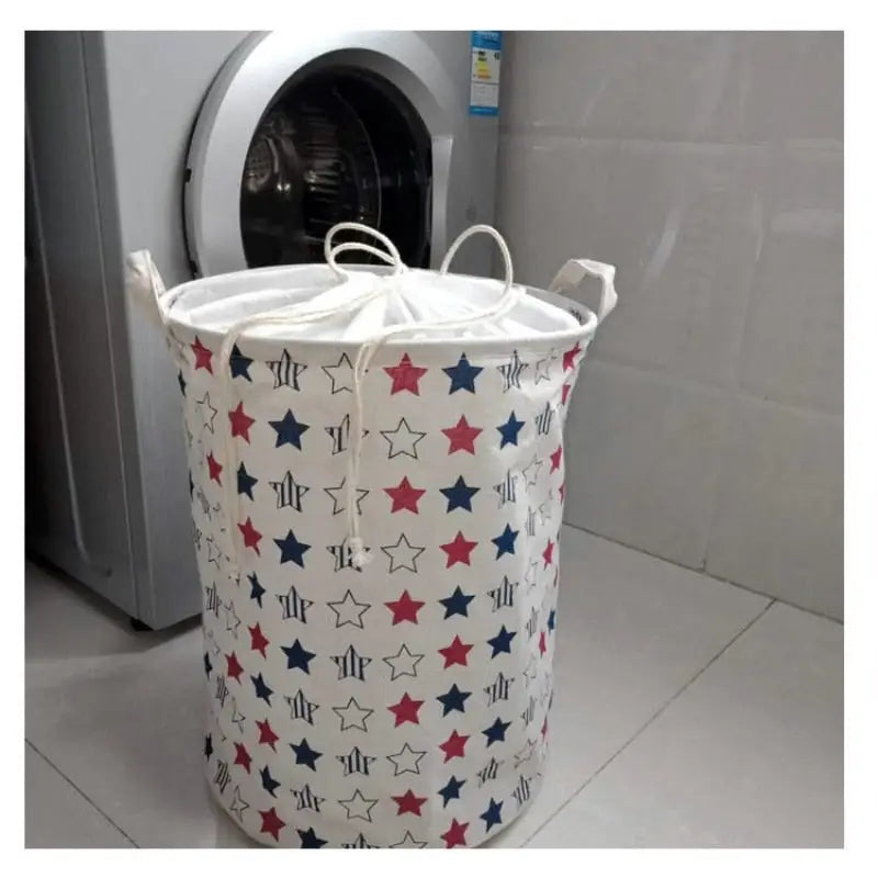 a laundry basket with a washing machine in the background