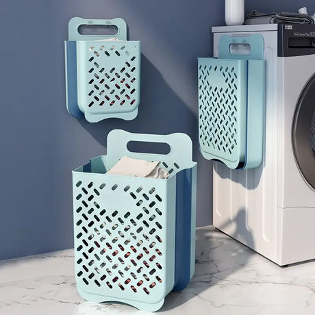 a laundry basket and a washing machine