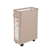 the laundry bin is a beige plastic trash bin with a white logo on the side