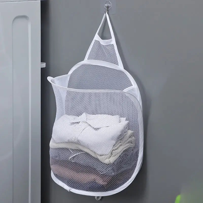 a laundry bag hanging on the wall