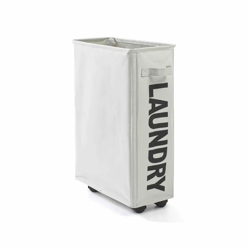 the laundry bin is a white plastic bin with a black handle and a black handle