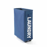 the laundry bag is a blue plastic container with a white logo on it