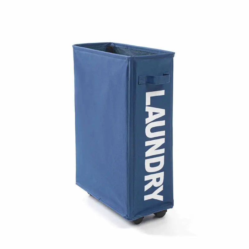 the laundry bag is a blue plastic container with a white logo on it